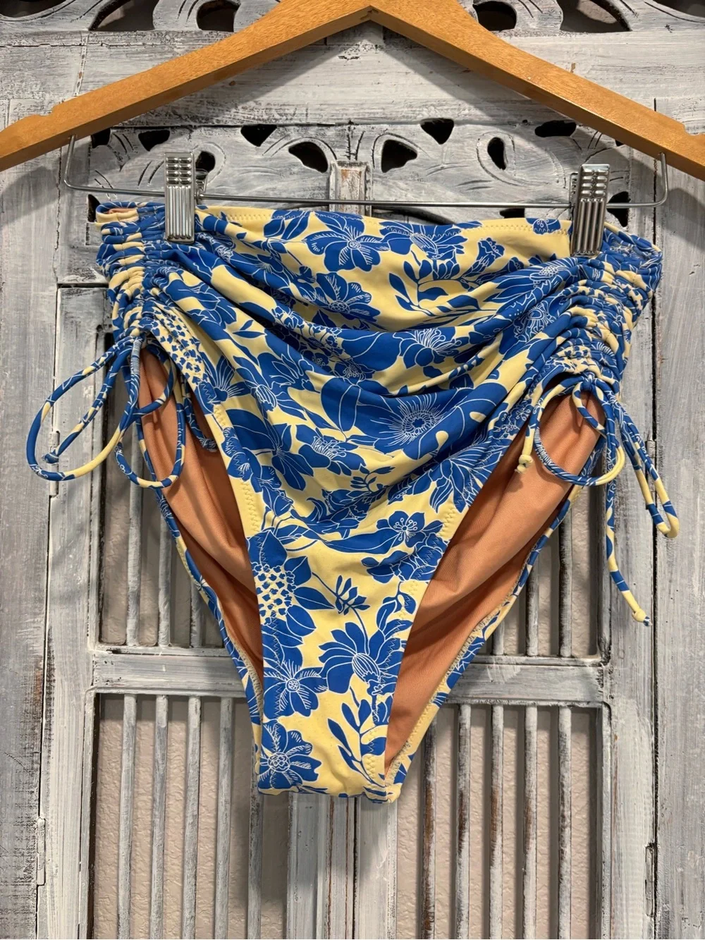 NEW J. Crew Ruched High-Rise Bikini Bottom in Blue Floral